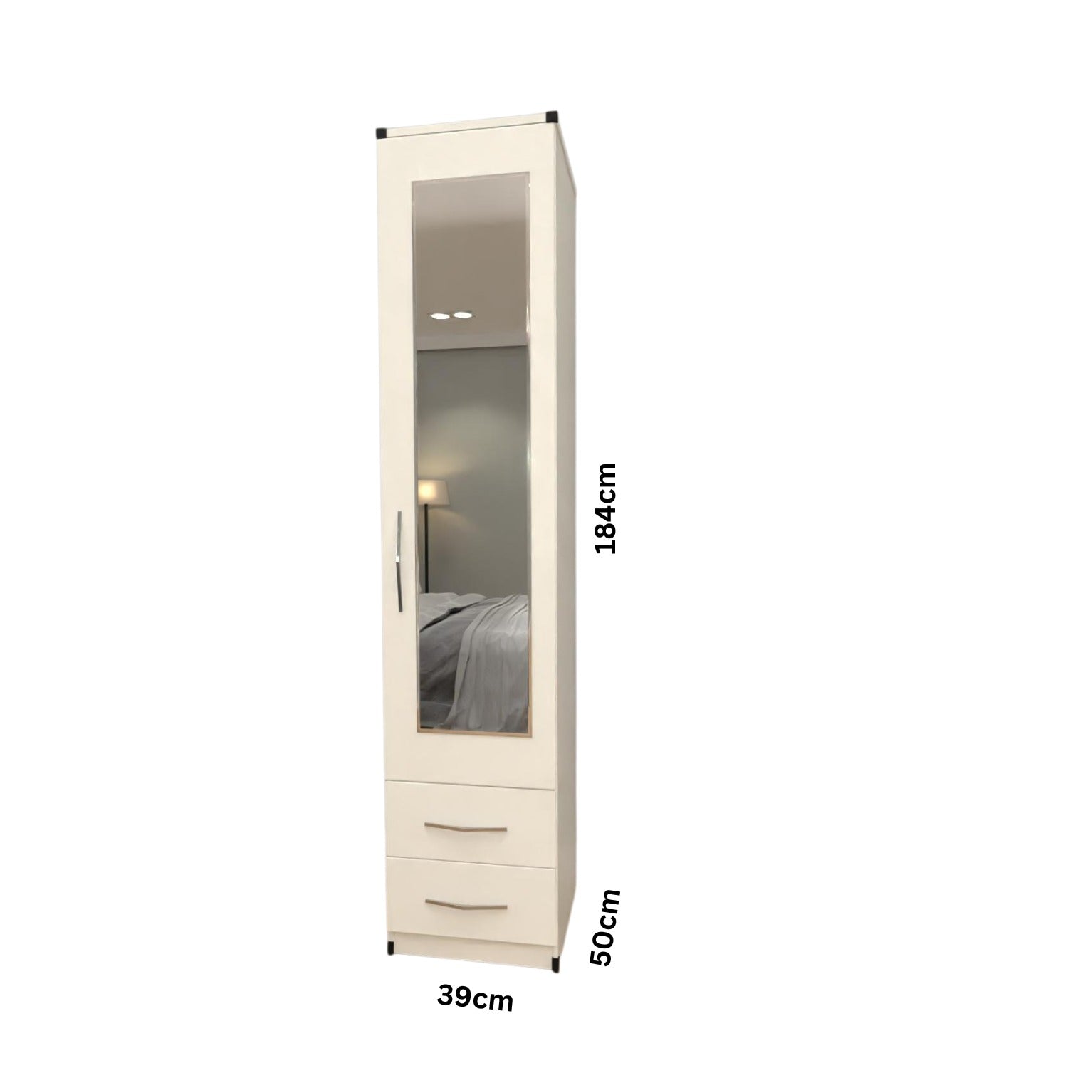 Dimensions guide for slim 1 door mirrored wardrobe with storage drawers