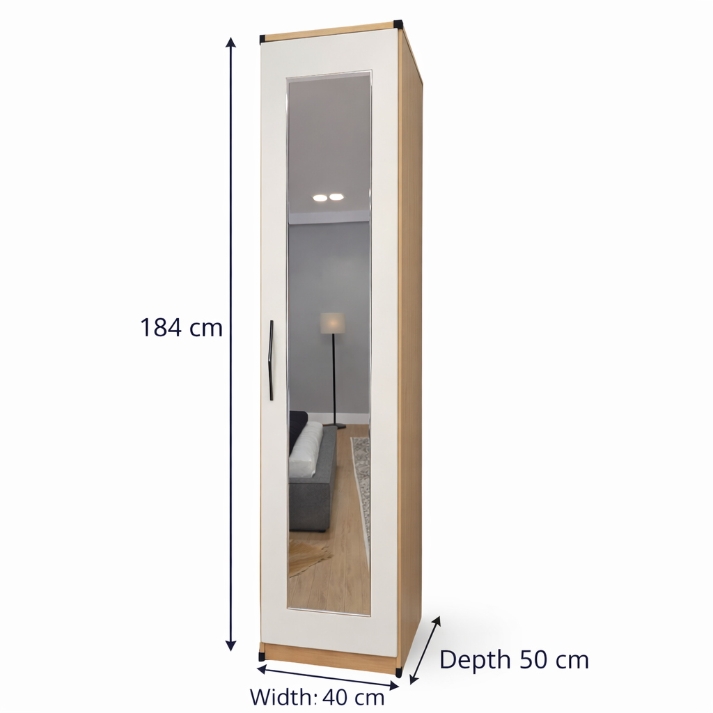Dimensions guide for slim 1 door mirrored wardrobe storage unit