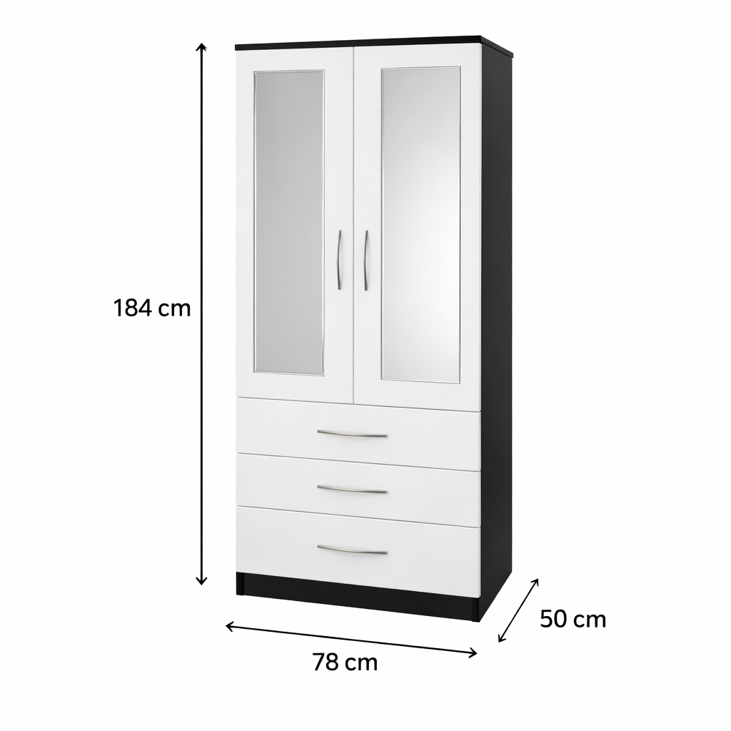 Dimensions guide for 2 door mirrored wardrobe with 3 drawers