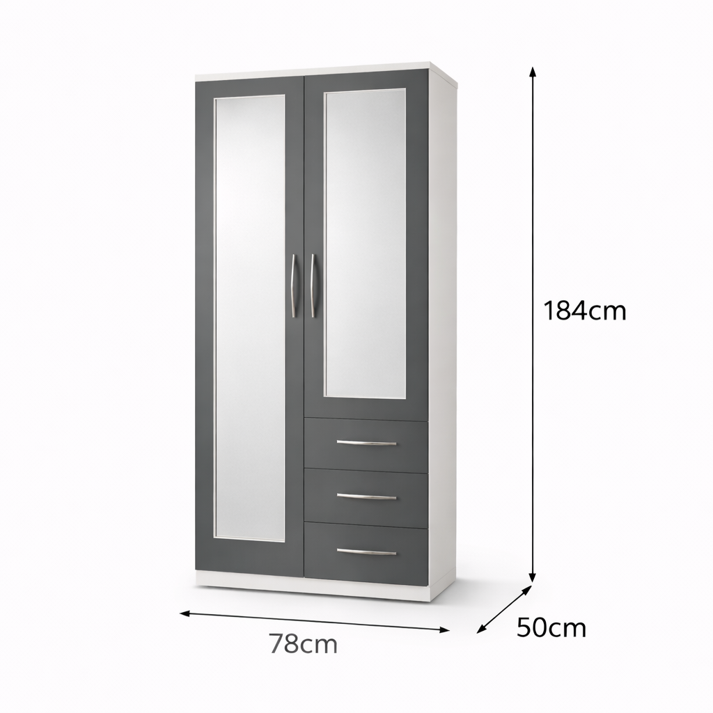 Dimensions guide for 2 door combi wardrobe with side drawers