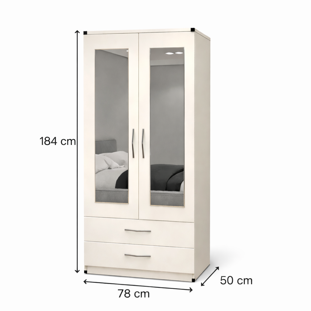 Dimensions guide for 2 door mirrored wardrobe with 2 drawers