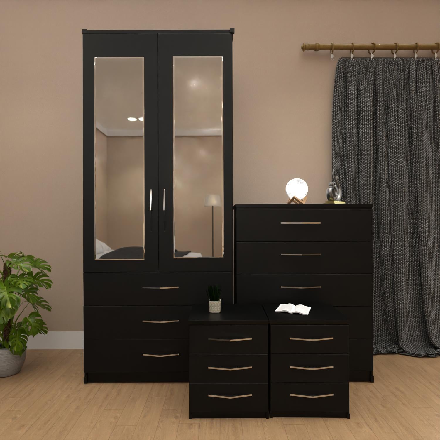 Black 2 door mirrored wardrobe set with 3 drawers, bedside tables and chest of drawers – pre assembled bedroom furniture