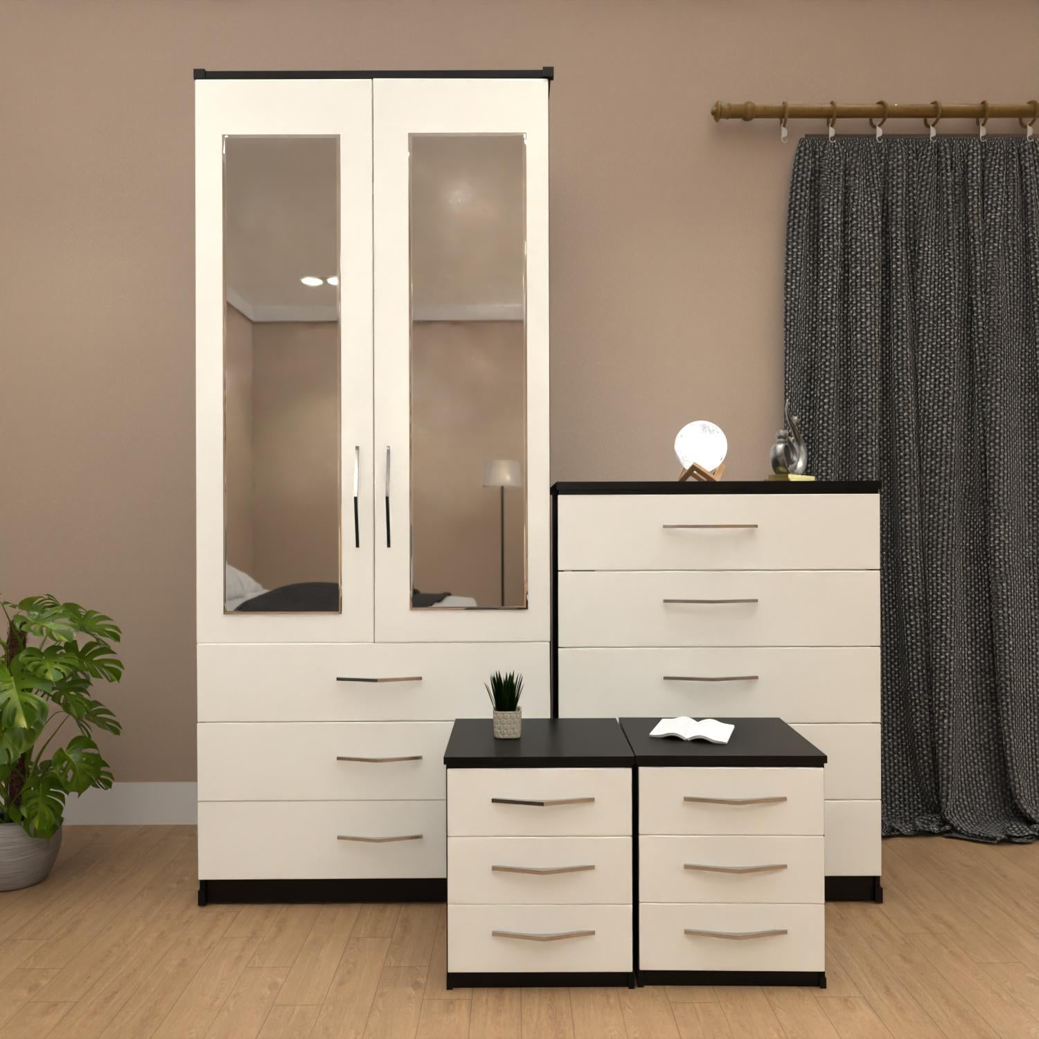 Black & White 2 door mirrored wardrobe set with 3 drawers, bedside tables and chest of drawers – pre assembled bedroom furniture