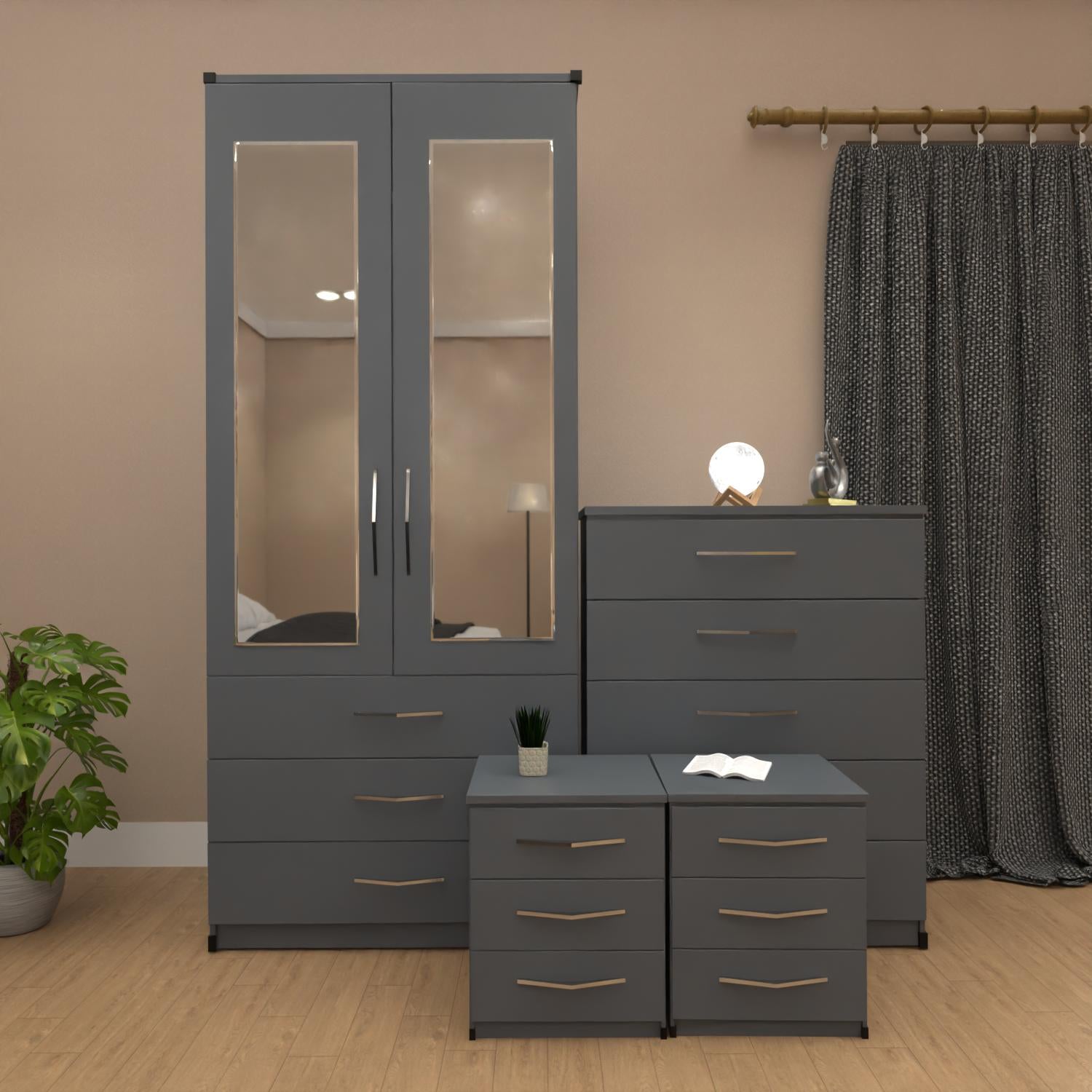 Grey 2 door mirrored wardrobe set with 3 drawers, bedside tables and chest of drawers – pre assembled bedroom furniture