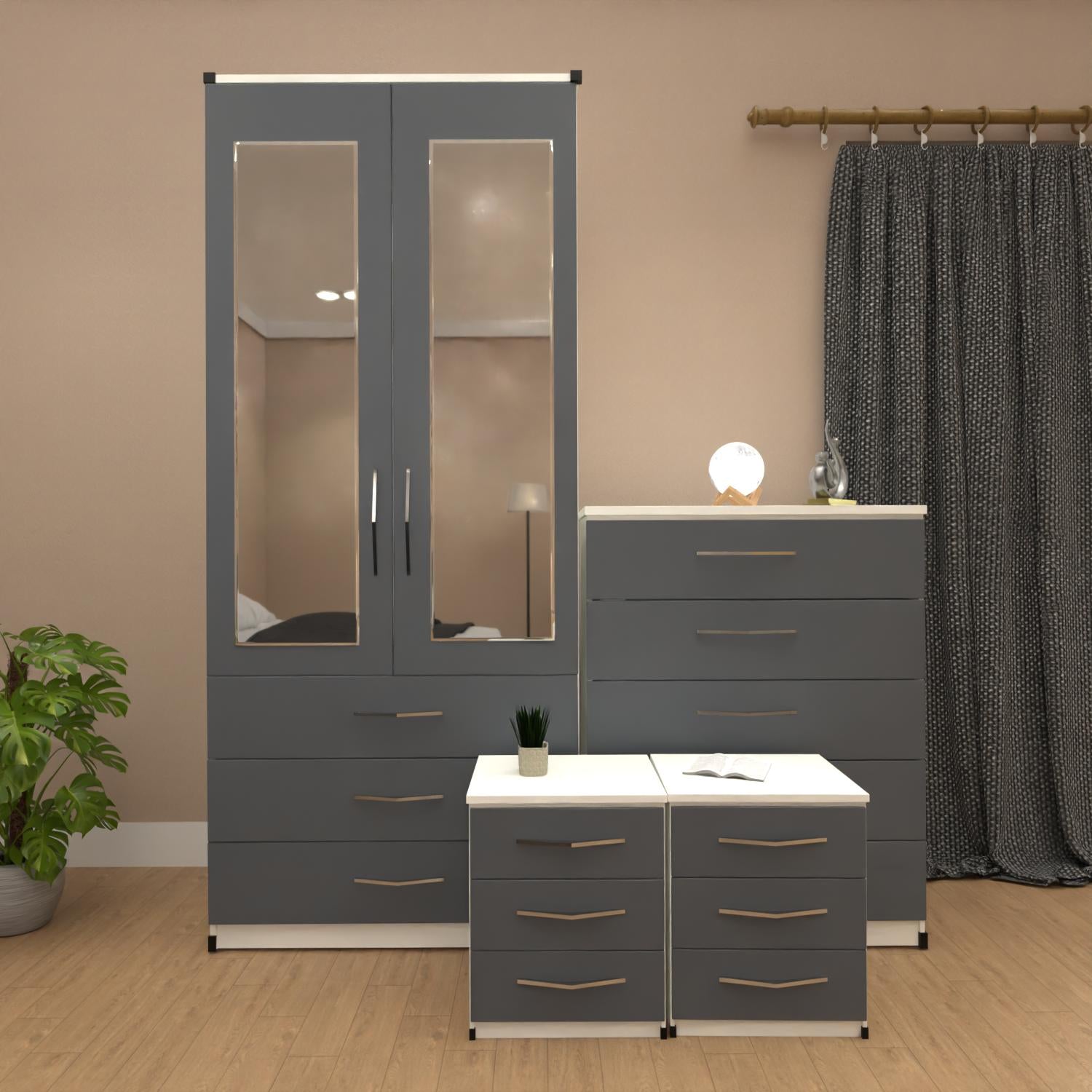 Grey & White 2 door mirrored wardrobe set with 3 drawers, bedside tables and chest of drawers – pre assembled bedroom furniture