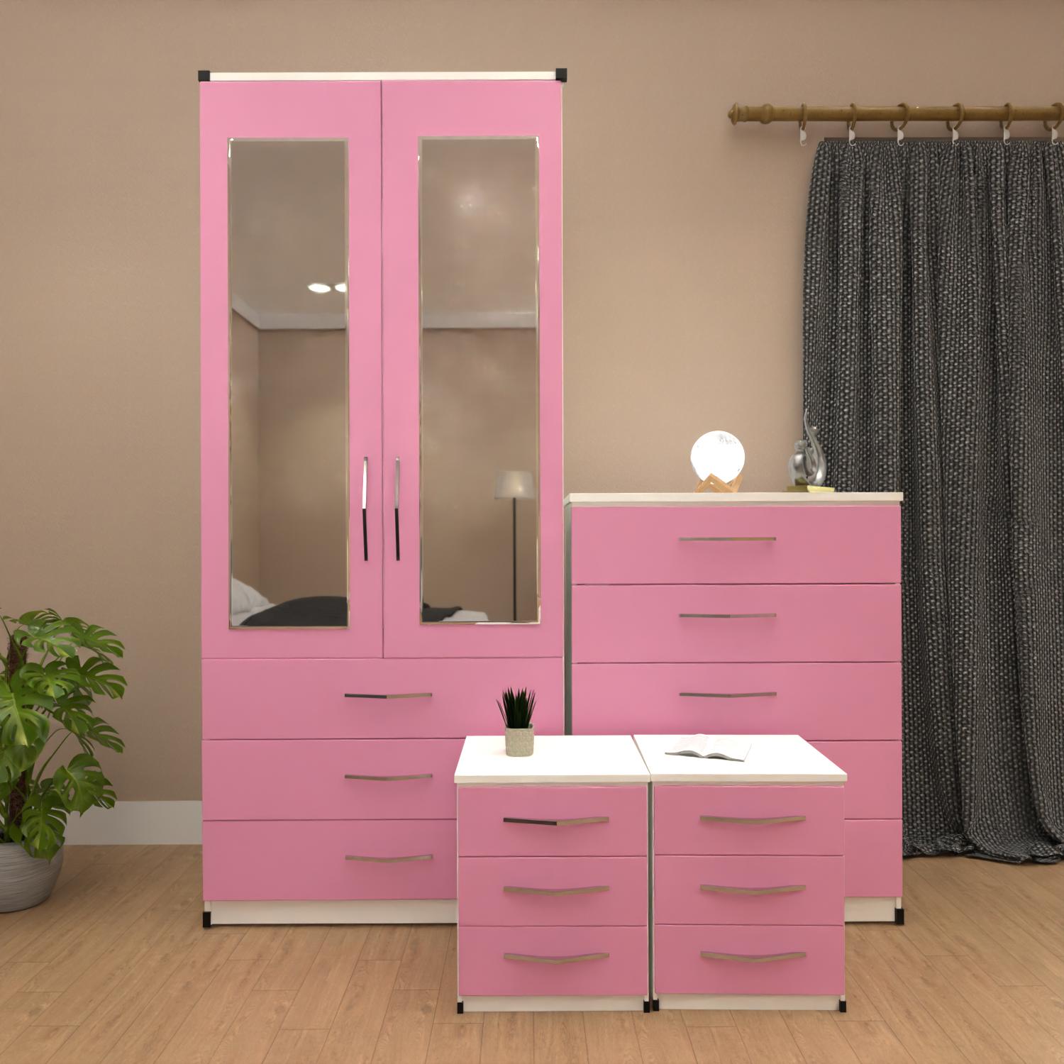 Pink & White 2 door mirrored wardrobe set with 3 drawers, bedside tables and chest of drawers – pre assembled bedroom furniture