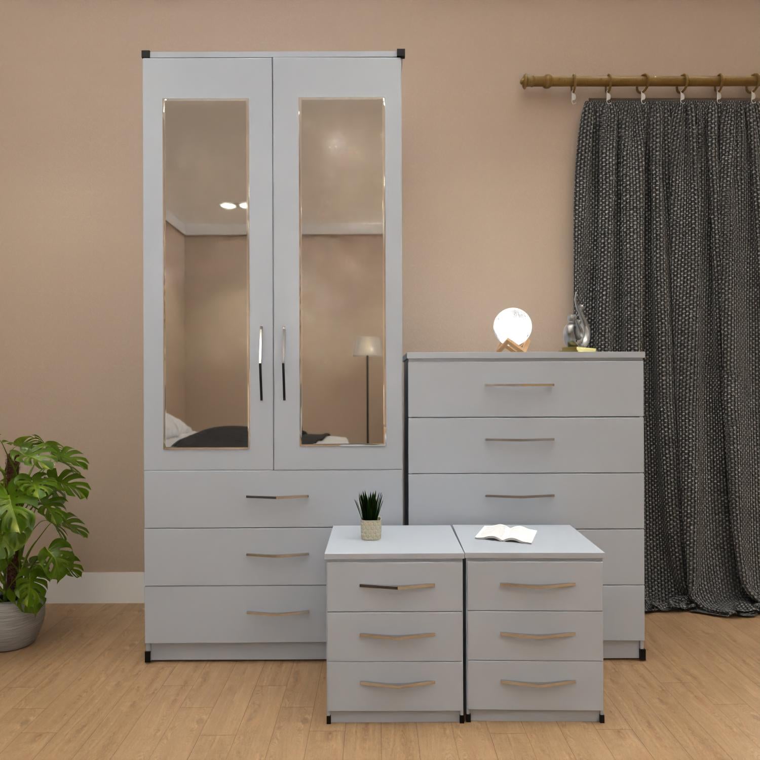 Silver 2 door mirrored wardrobe set with 3 drawers, bedside tables and chest of drawers – pre assembled bedroom furniture