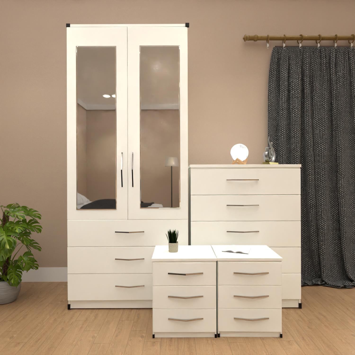 White 2 door mirrored wardrobe set with 3 drawers, bedside tables and chest of drawers – pre assembled bedroom furniture