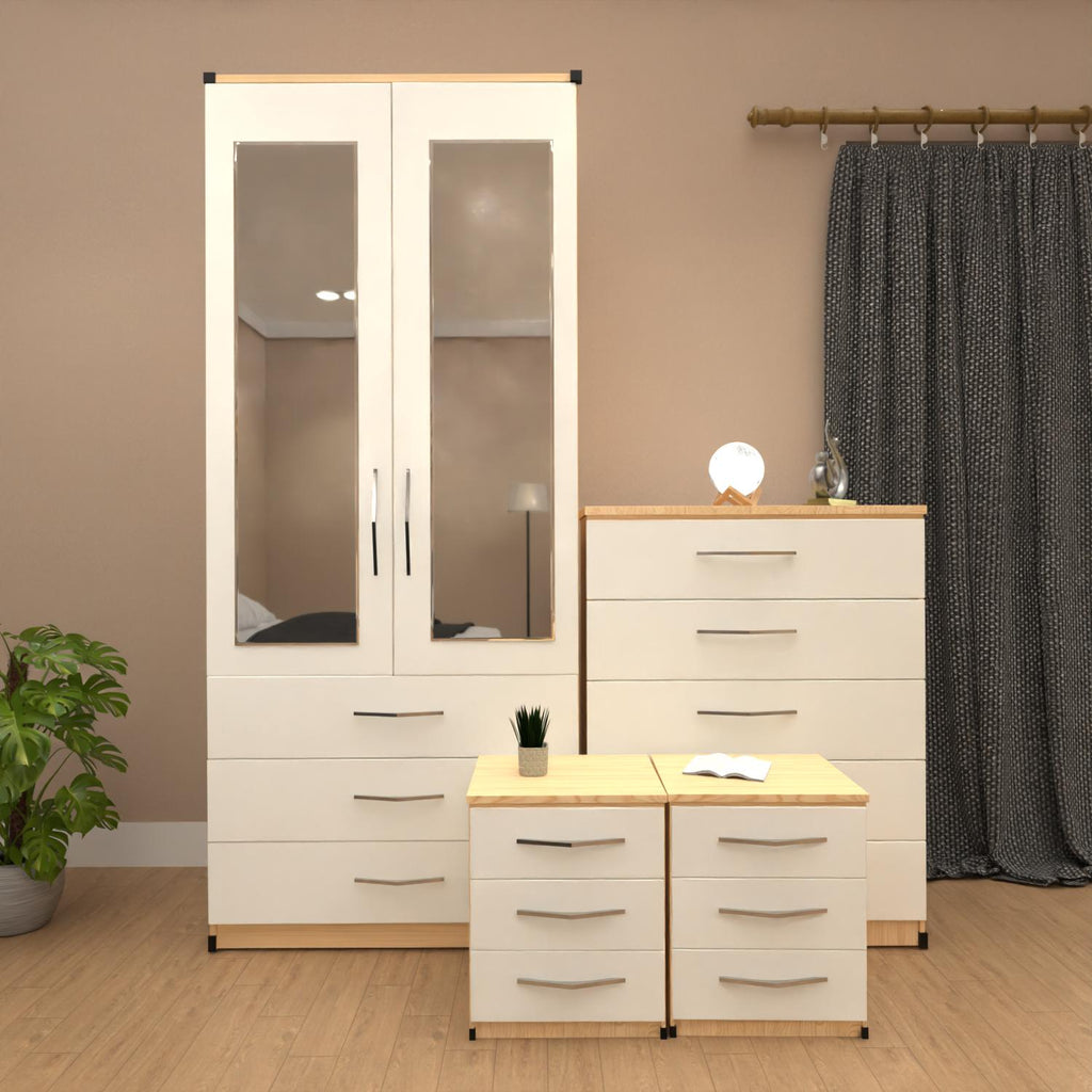 Oak & White 2 door mirrored wardrobe set with 3 drawers, bedside tables and chest of drawers – pre assembled bedroom furniture