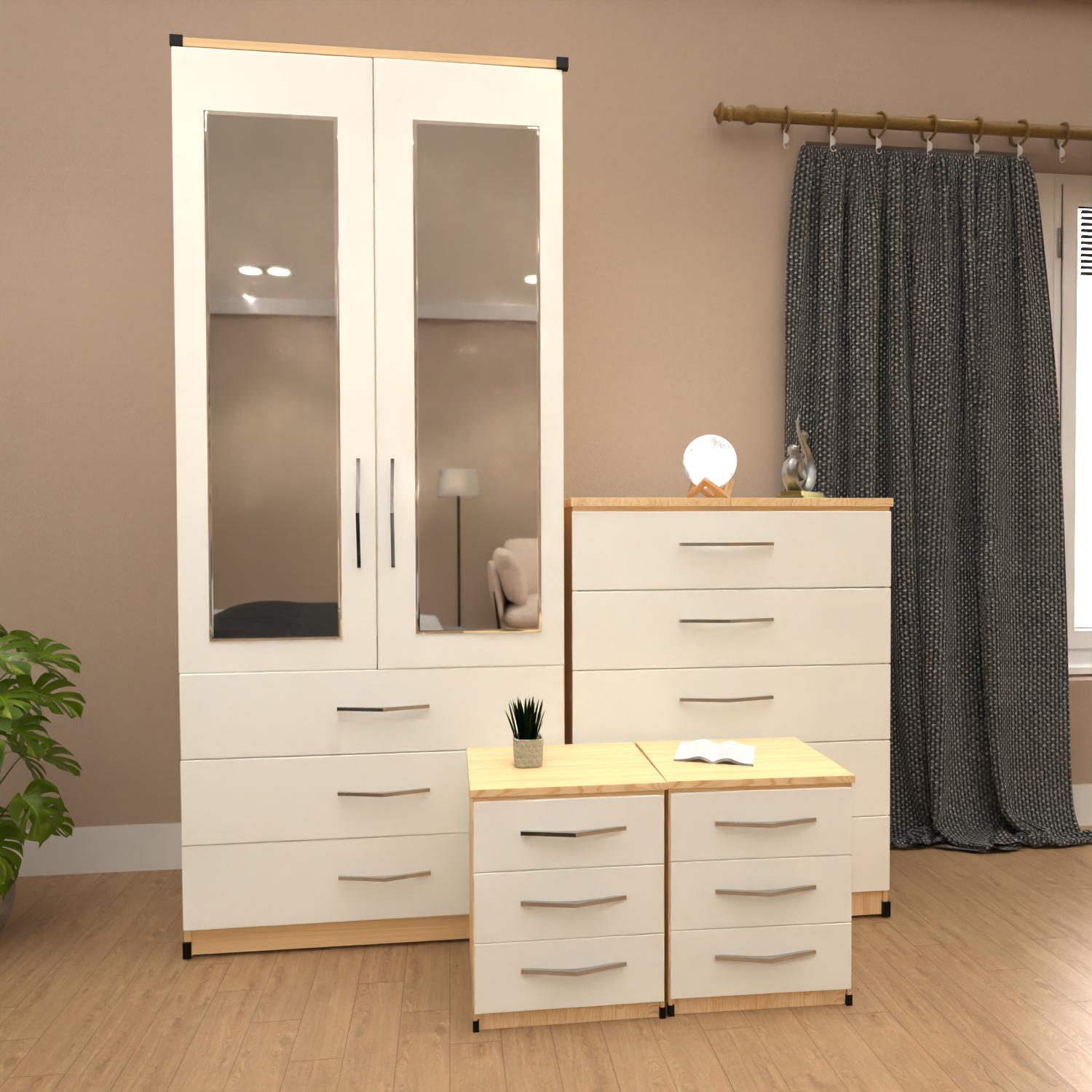 Oak  & White 2 door mirrored wardrobe set with 3 drawers, bedside tables and chest of drawers – pre assembled bedroom furniture