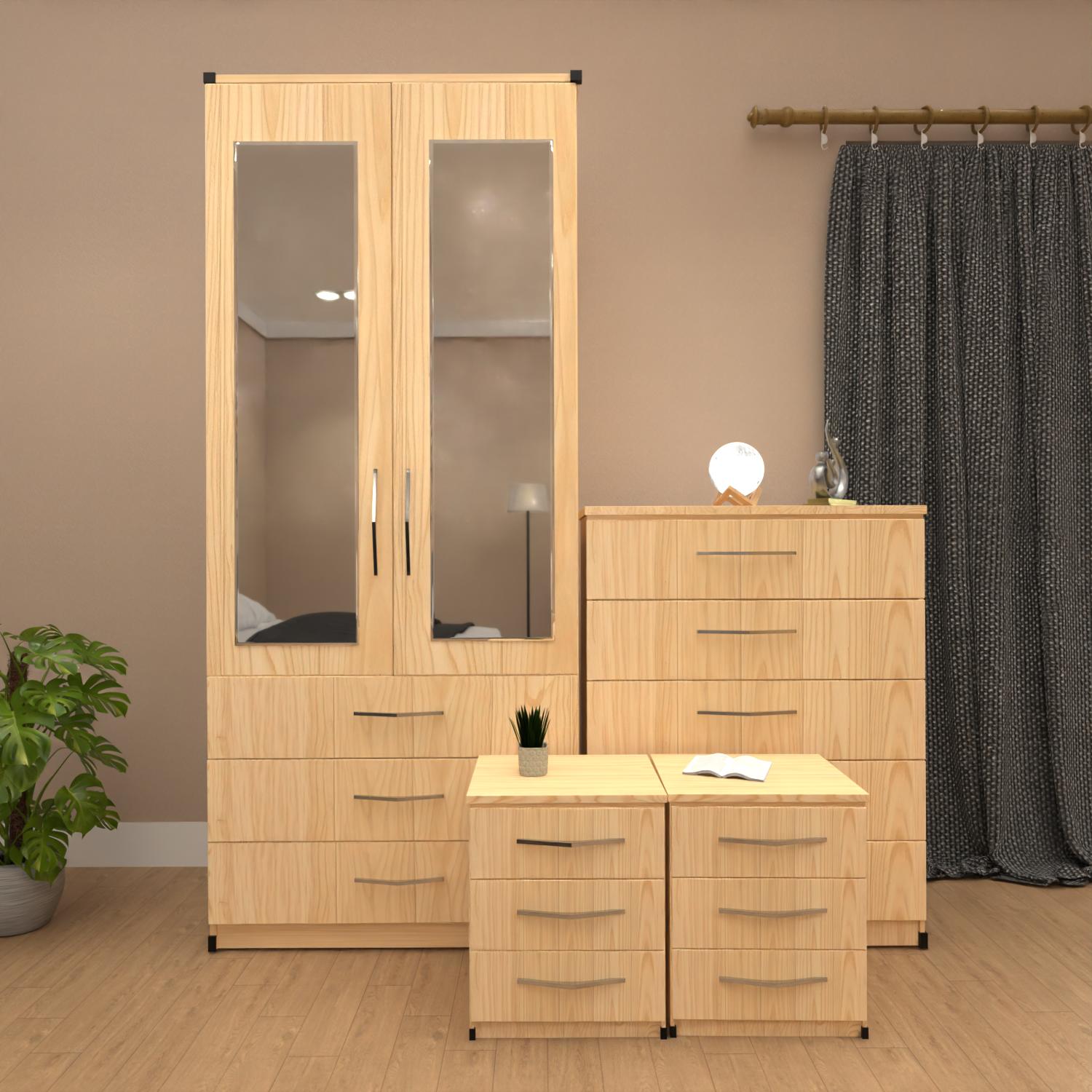 Oak 2 door mirrored wardrobe set with 3 drawers, bedside tables and chest of drawers – pre assembled bedroom furniture