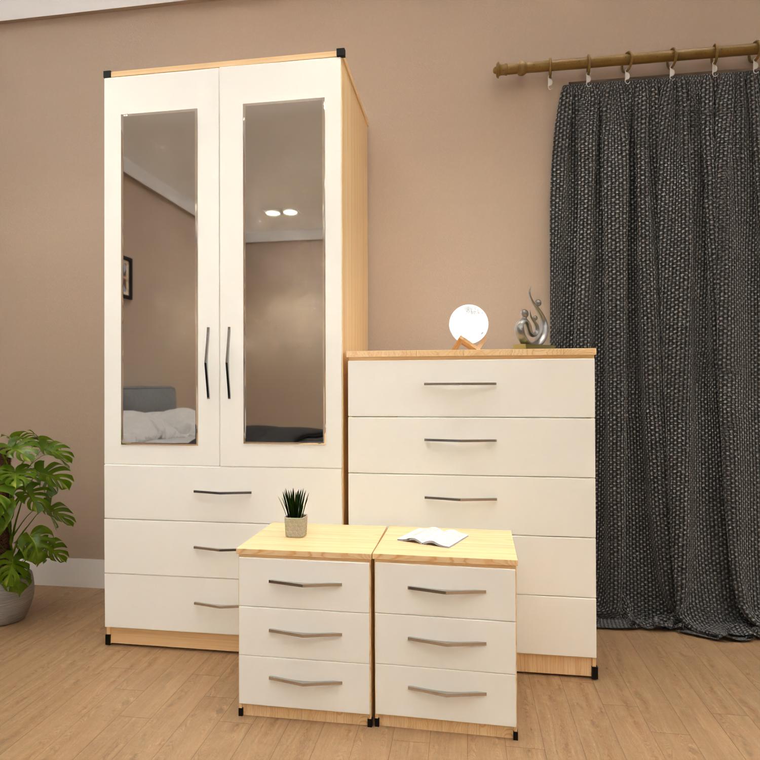 Oak & White 2 door mirrored wardrobe set with 3 drawers, bedside tables and chest of drawers – pre assembled bedroom furniture
