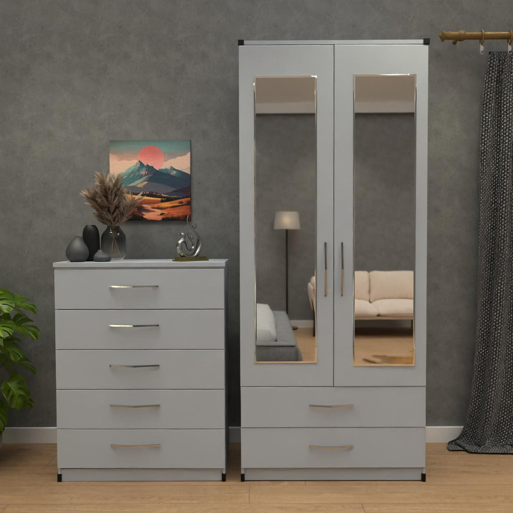 Silver 2 door mirrored wardrobe set with 5 drawer chest – pre assembled bedroom furniture