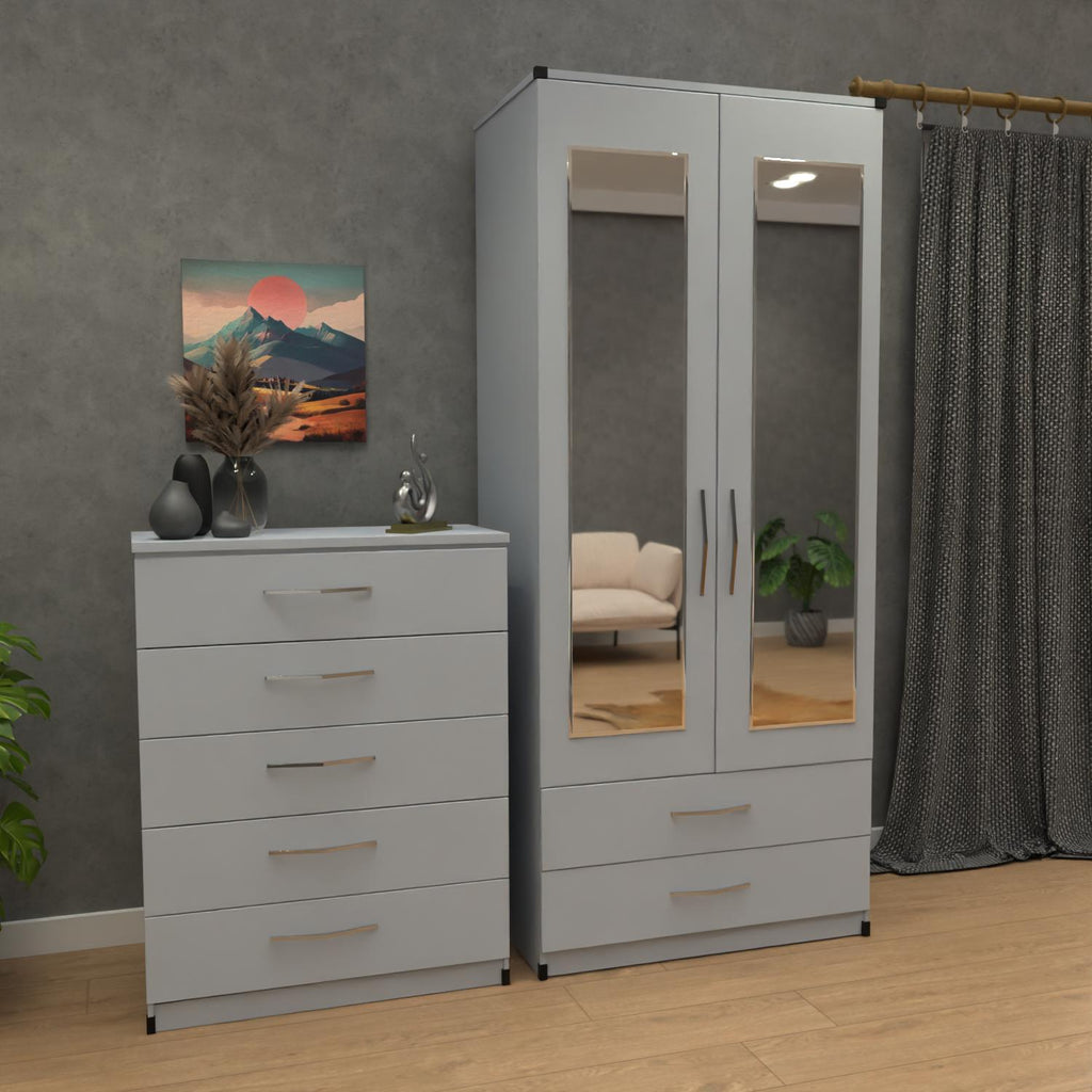 Silver  2 door mirrored wardrobe set with 5 drawer chest – pre assembled bedroom furniture