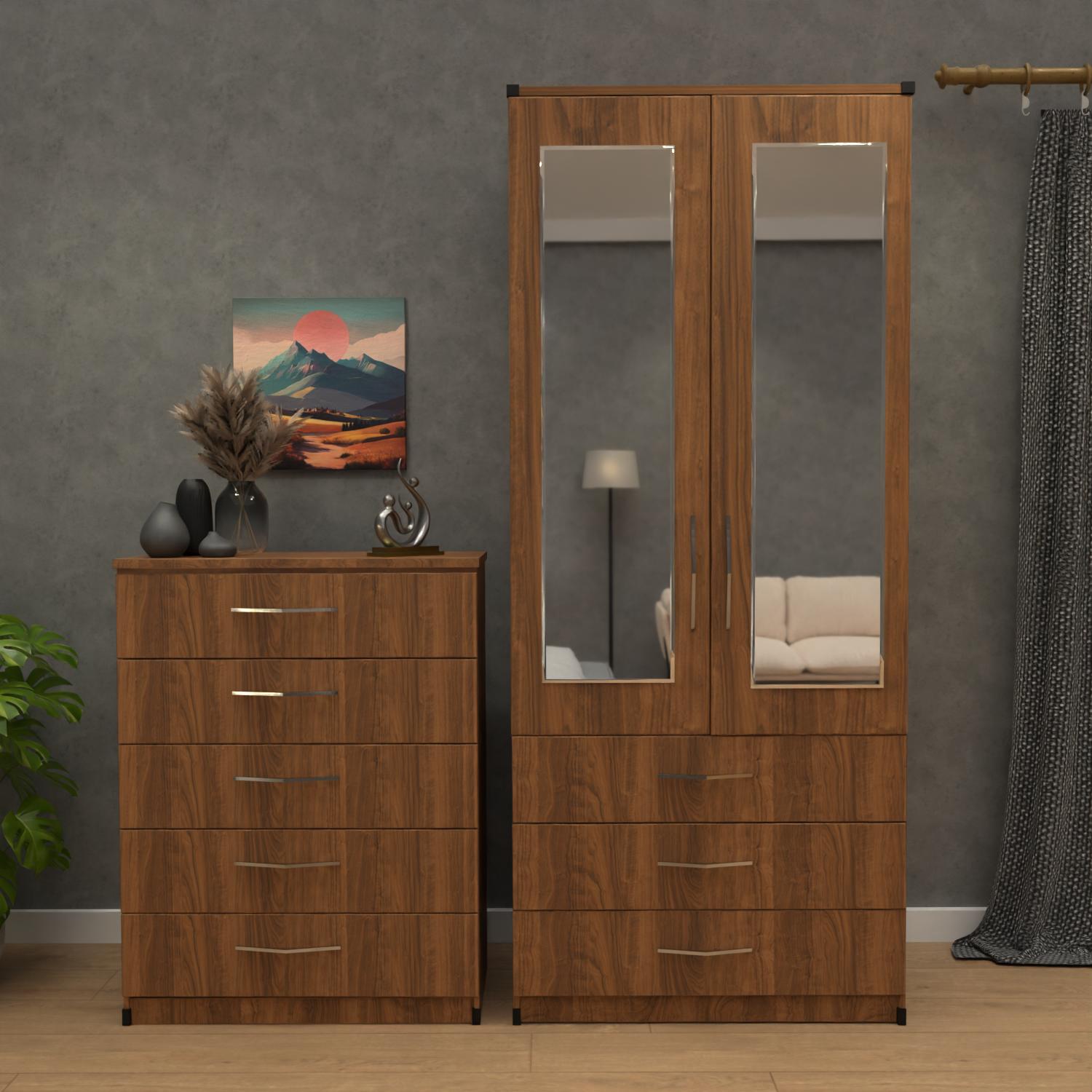 Walnut  2 door mirrored wardrobe set with 5 drawer chest – pre assembled bedroom furniture
