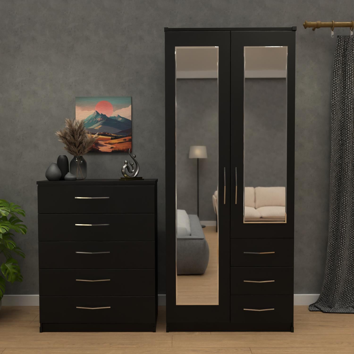 Black 2 door mirrored wardrobe set with 5 drawer chest – pre assembled bedroom furniture
