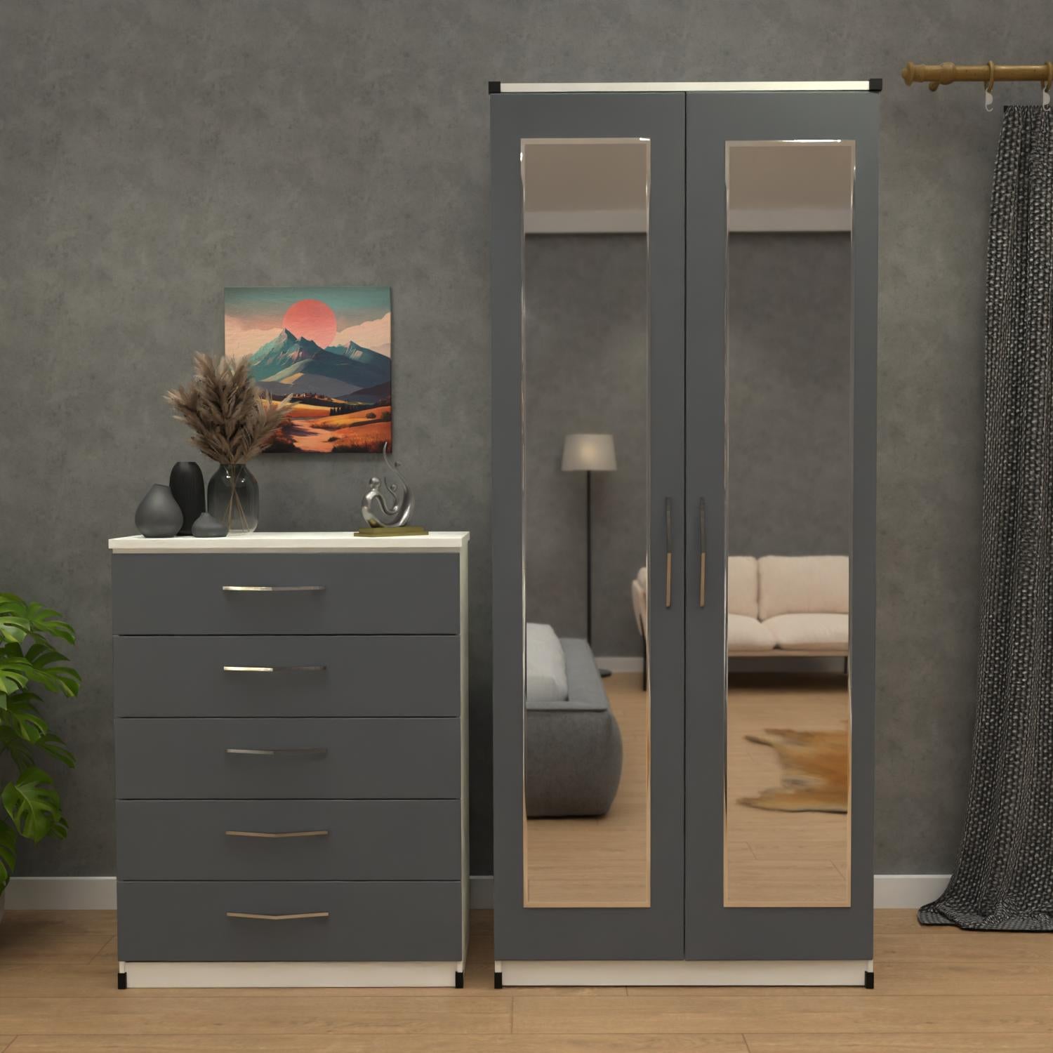 Grey & white 2 door mirrored wardrobe set with 5 drawer chest – pre assembled bedroom furniture