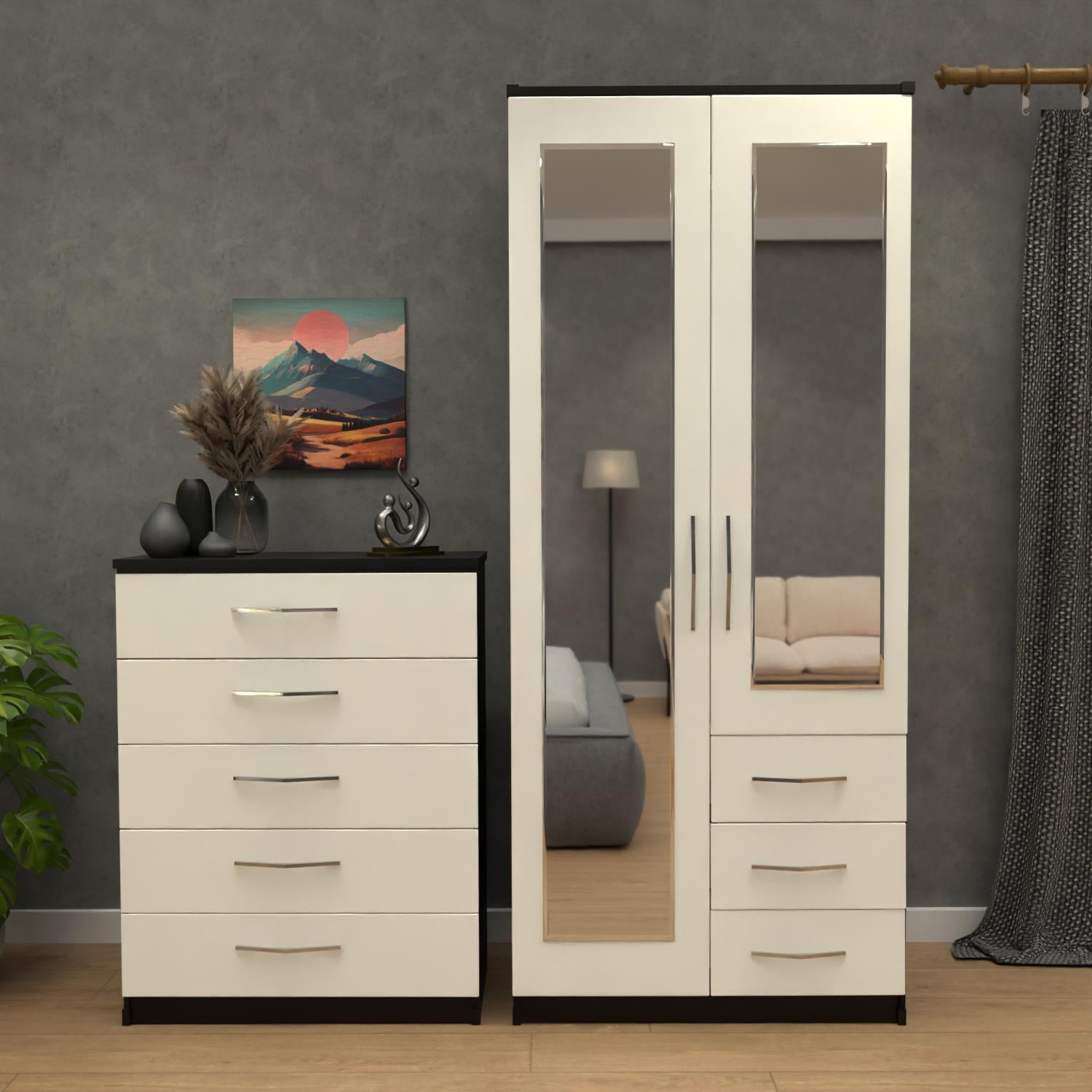 Black & White 2 door mirrored wardrobe set with 5 drawer chest – pre assembled bedroom furniture