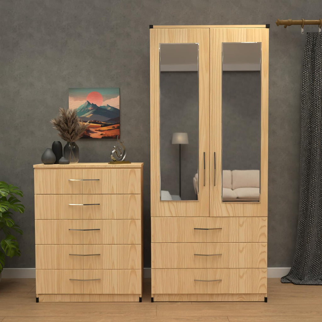 Oak 2 door mirrored wardrobe set with 5 drawer chest – pre assembled bedroom furniture