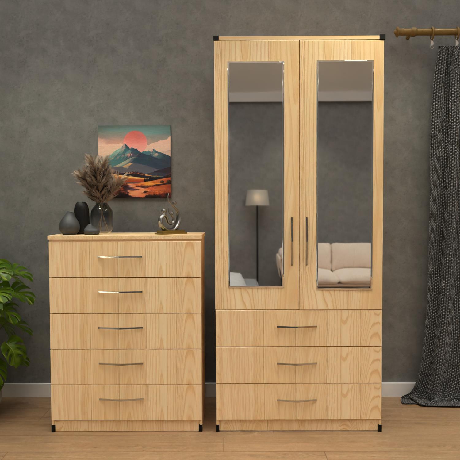 Oak 2 door mirrored wardrobe set with 5 drawer chest – pre assembled bedroom furniture