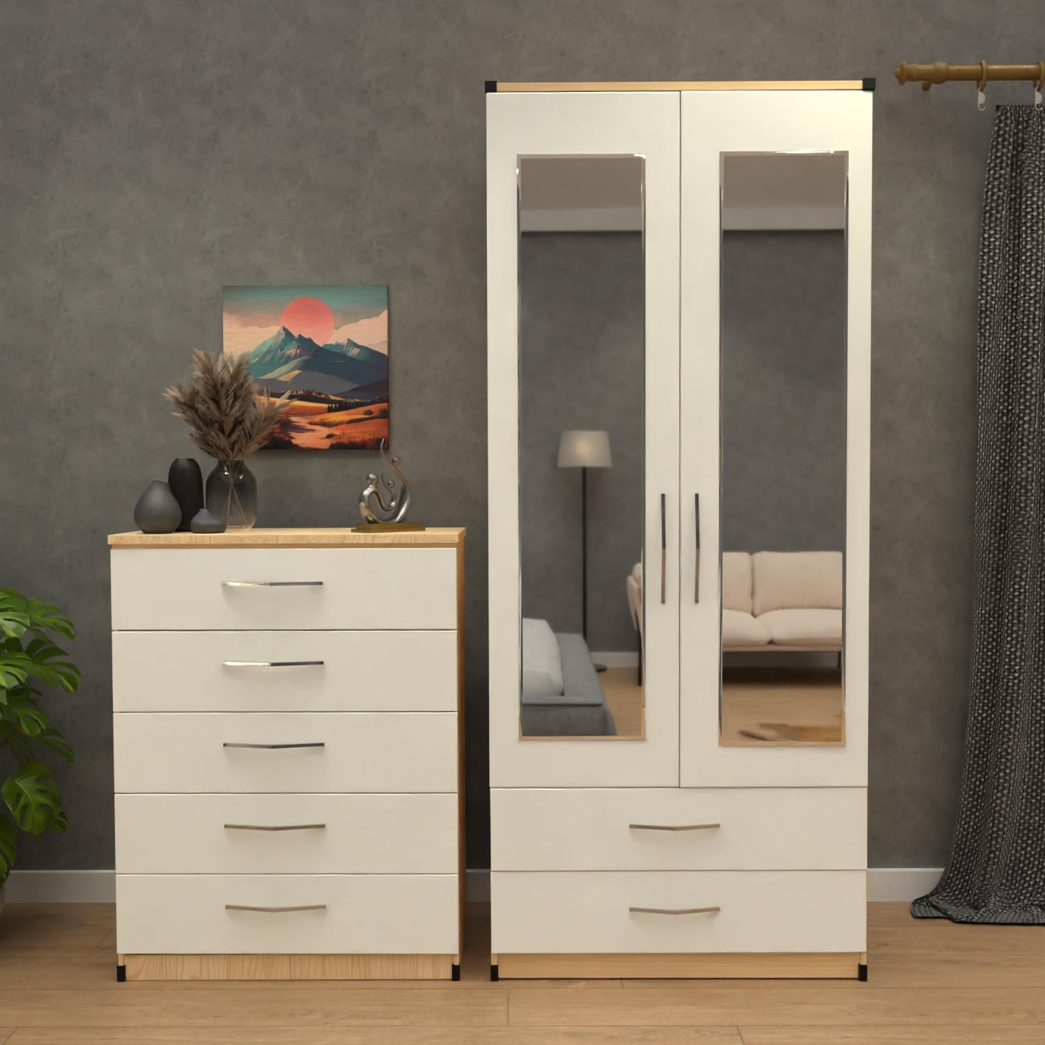 oak & white 2 door mirrored wardrobe set with 5 drawer chest – pre assembled bedroom furniture