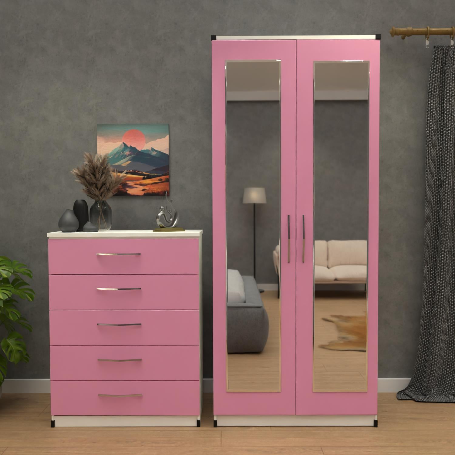 pink & White 2 door mirrored wardrobe set with 5 drawer chest – pre assembled bedroom furniture