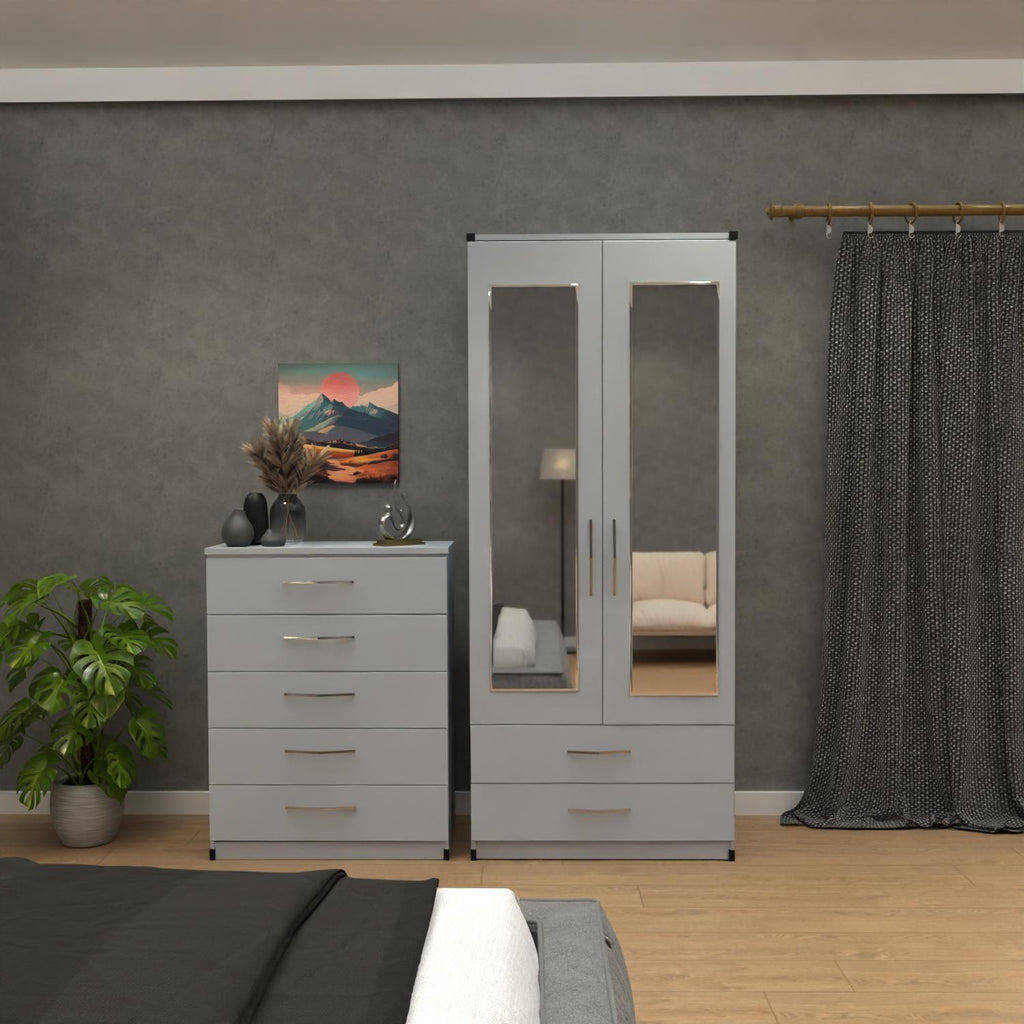 Silver 2 door mirrored wardrobe set with 5 drawer chest – pre assembled bedroom furniture