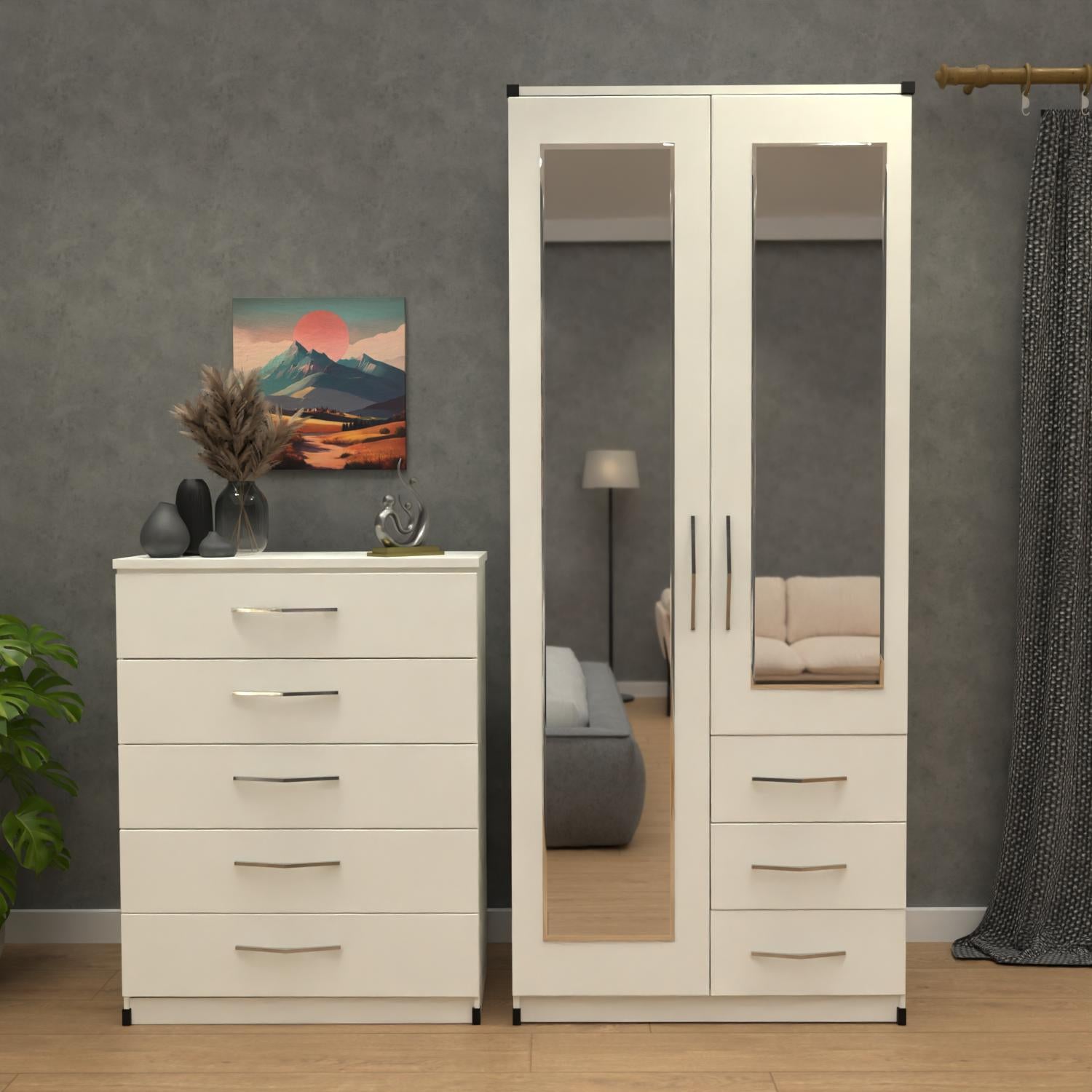 White 2 door mirrored wardrobe set with 5 drawer chest – pre assembled bedroom furniture