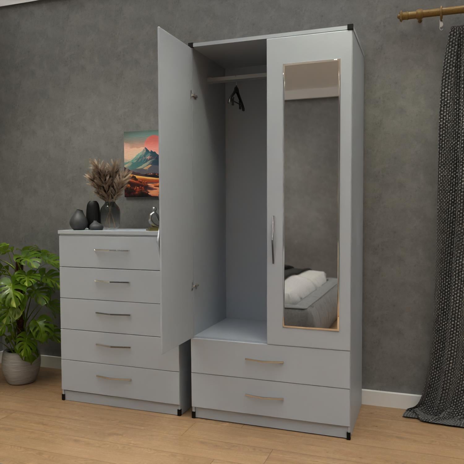 Inside of 2 door mirrored wardrobe and 5 drawer chest bedroom furniture set