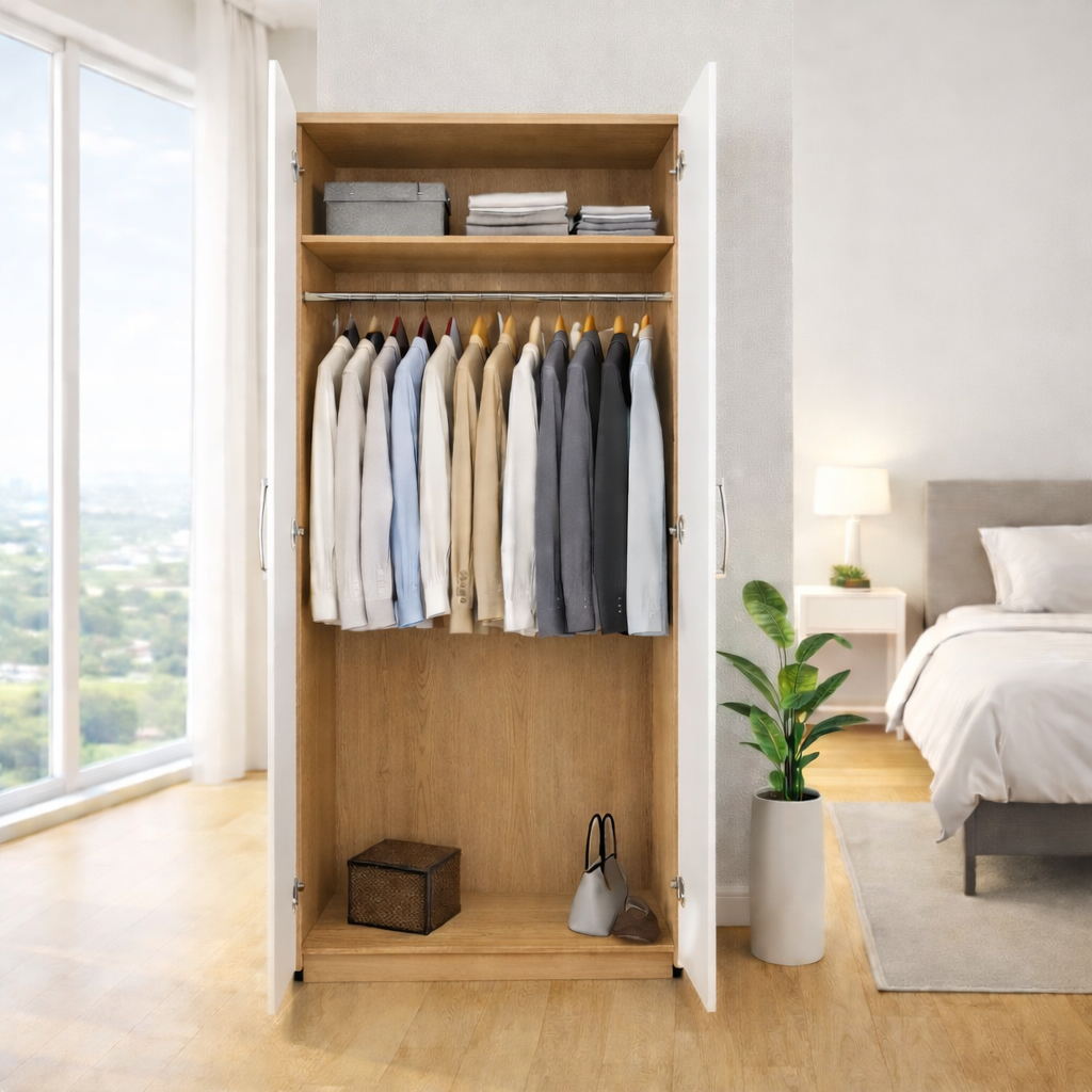 Internal hanging storage layout inside 2 door wardrobe cabinet