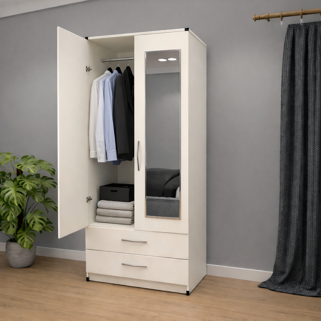 Internal hanging storage space inside mirrored 2 door wardrobe