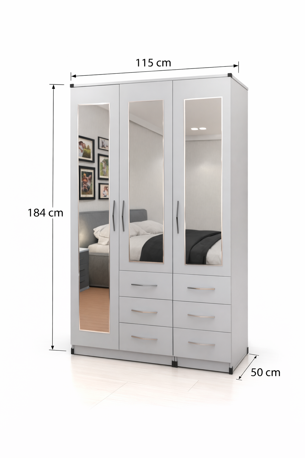 Dimensions of 3 door mirrored combi wardrobe showing height width and storage layout