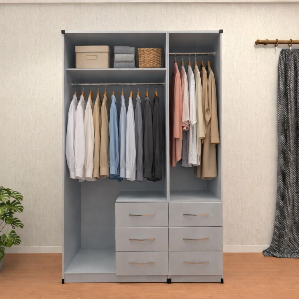 Internal hanging storage layout inside 3 door mirrored combi wardrobe