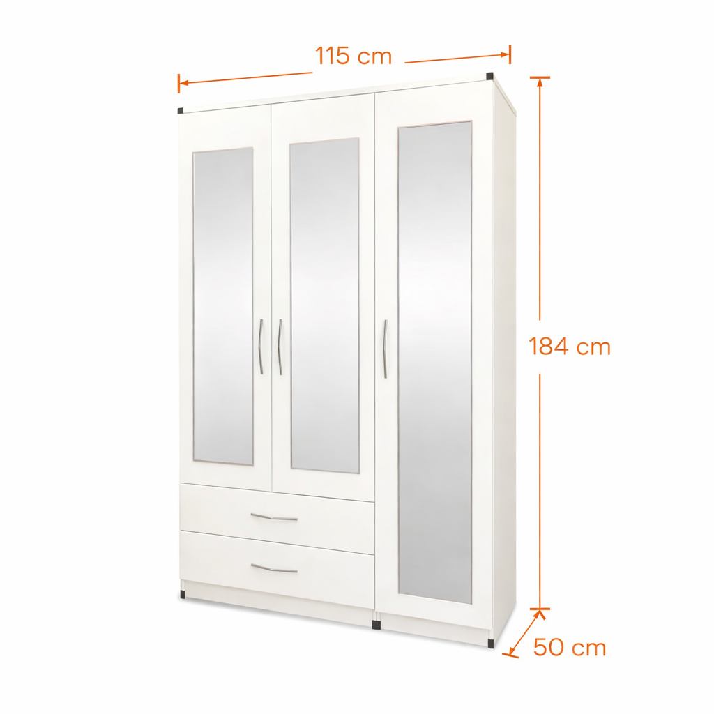 Dimensions guide for 3 door mirrored wardrobe with 2 drawers
