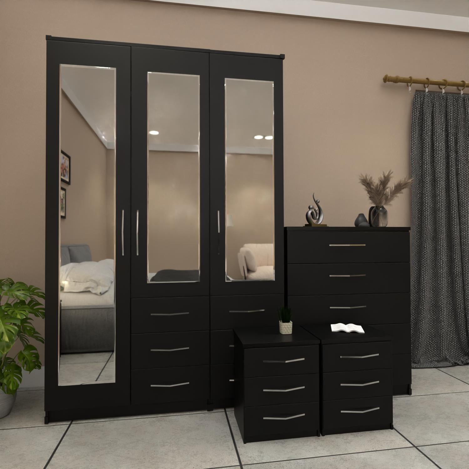 Black 3 door mirrored combi wardrobe set with bedside tables and chest of drawers – pre assembled bedroom furniture