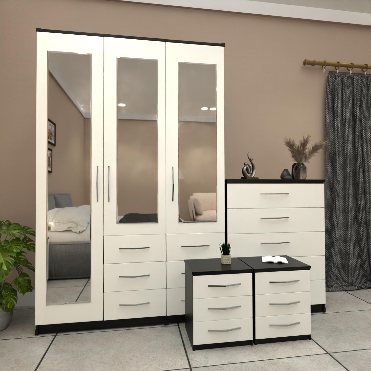 Black & white 3 door mirrored combi wardrobe set with bedside tables and chest of drawers – pre assembled bedroom furniture