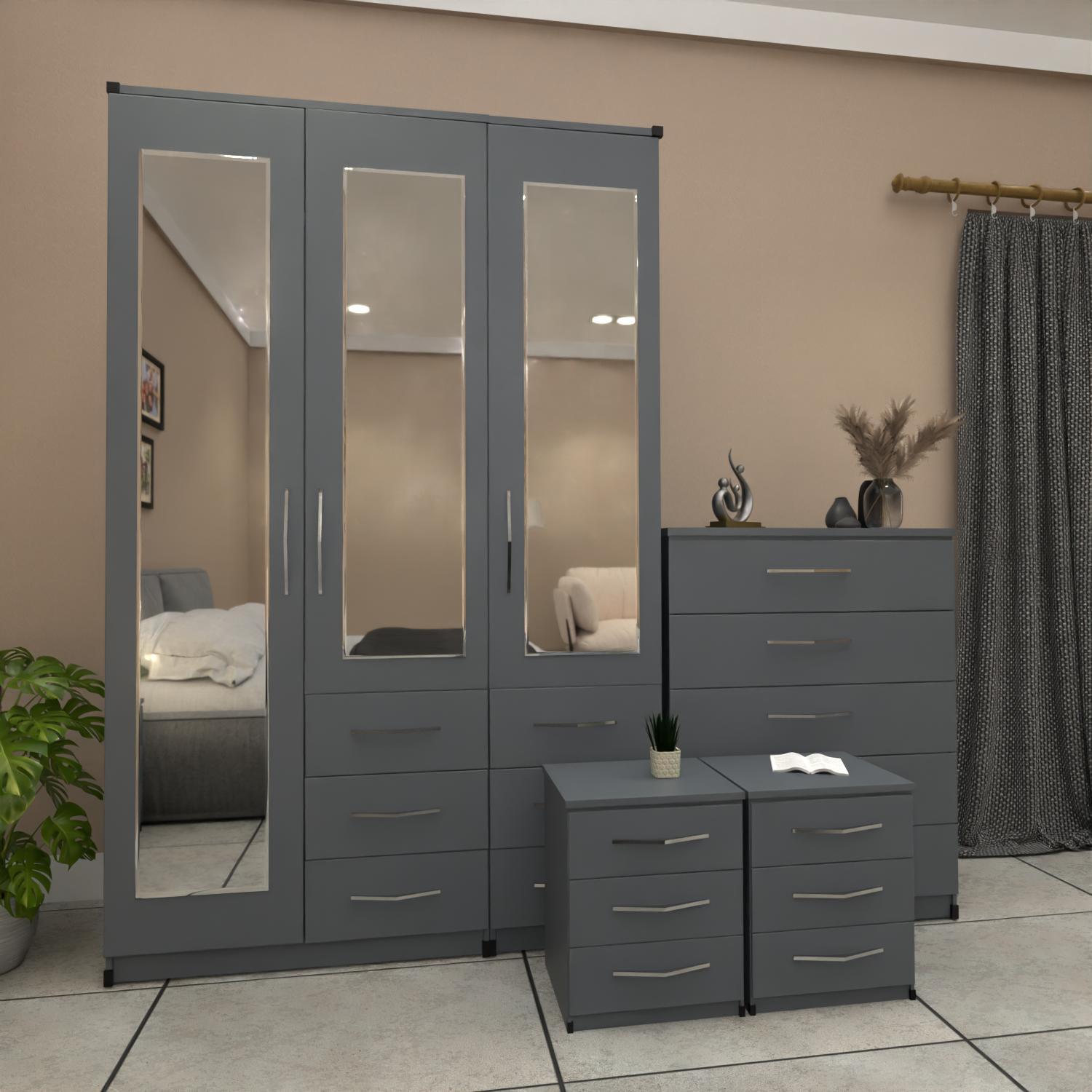 Grey 3 door mirrored combi wardrobe set with bedside tables and chest of drawers – pre assembled bedroom furniture