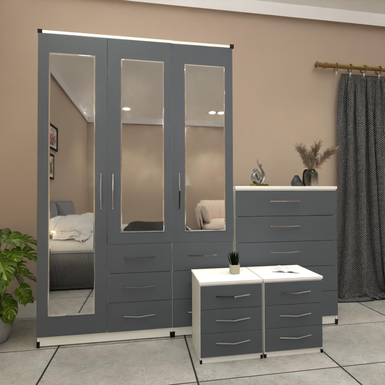 Grey & White 3 door mirrored combi wardrobe set with bedside tables and chest of drawers – pre assembled bedroom furniture