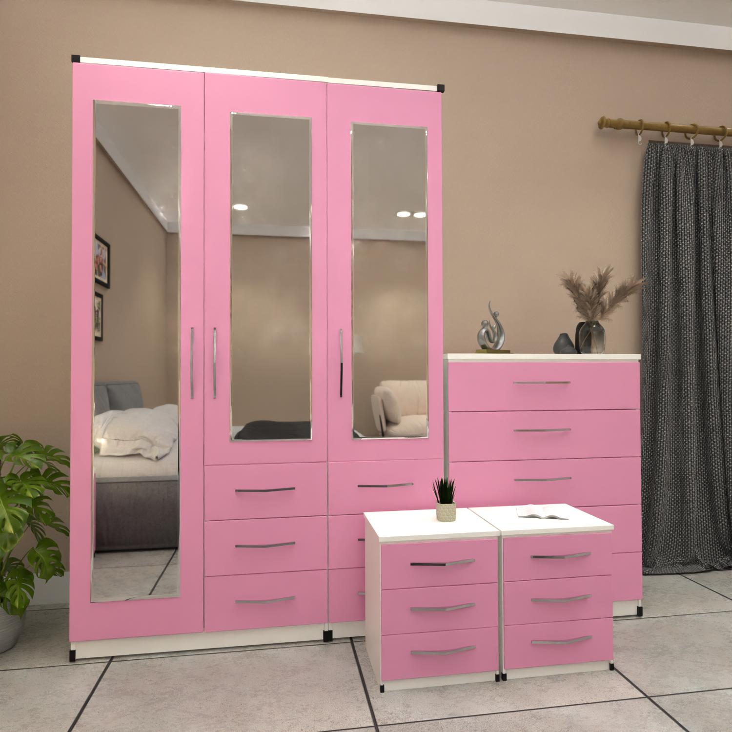 Pink & white 3 door mirrored combi wardrobe set with bedside tables and chest of drawers – pre assembled bedroom furniture
