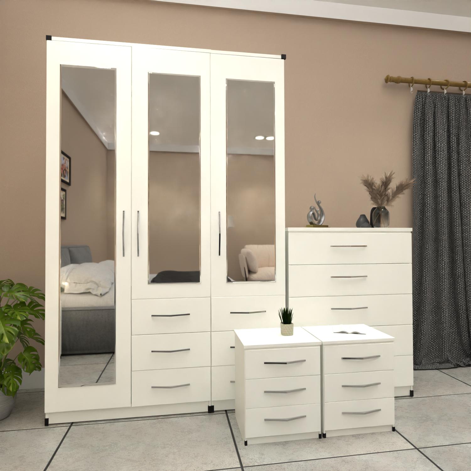 White 3 door mirrored combi wardrobe set with bedside tables and chest of drawers – pre assembled bedroom furniture