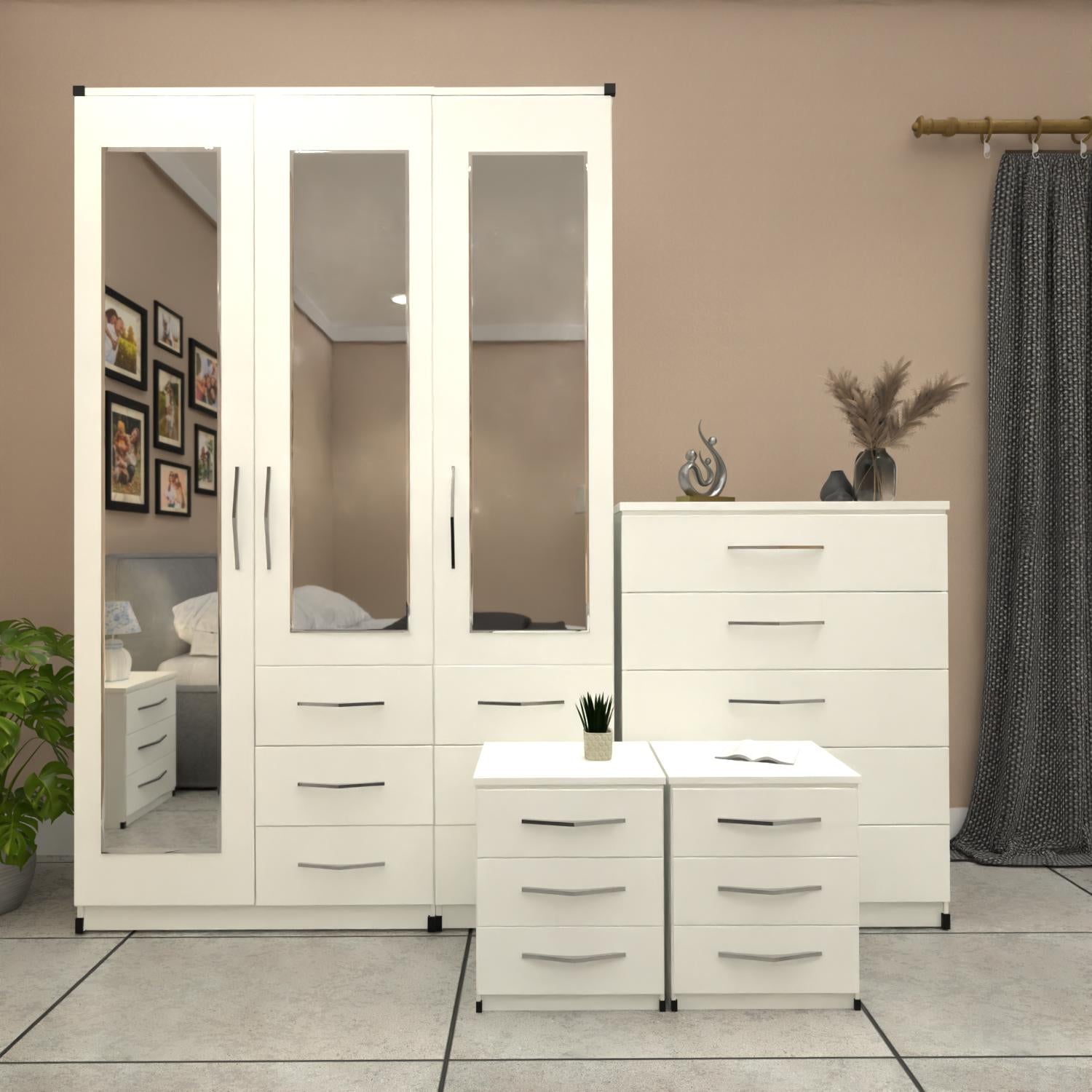 White 3 door mirrored combi wardrobe set with bedside tables and chest of drawers – pre assembled bedroom furniture