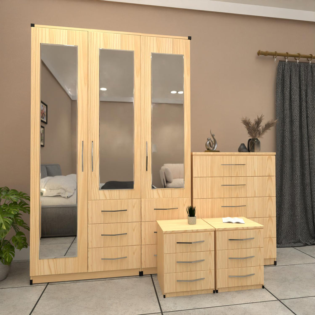 Oak 3 door mirrored combi wardrobe set with bedside tables and chest of drawers – pre assembled bedroom furniture