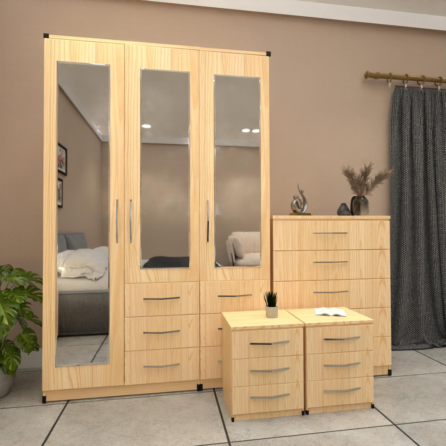 Oak 3 door mirrored combi wardrobe set with bedside tables and chest of drawers – pre assembled bedroom furniture