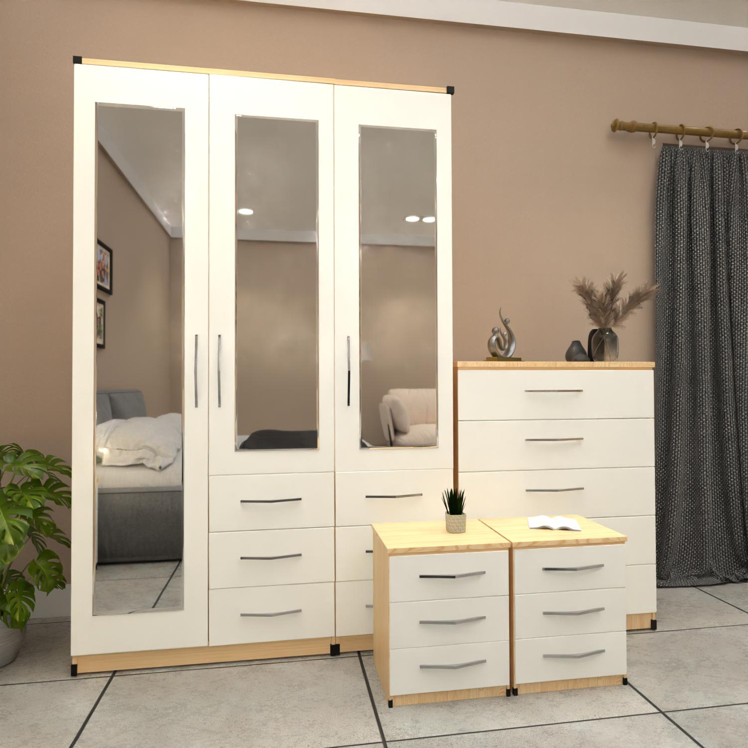 Oak & White 3 door mirrored combi wardrobe set with bedside tables and chest of drawers – pre assembled bedroom furniture