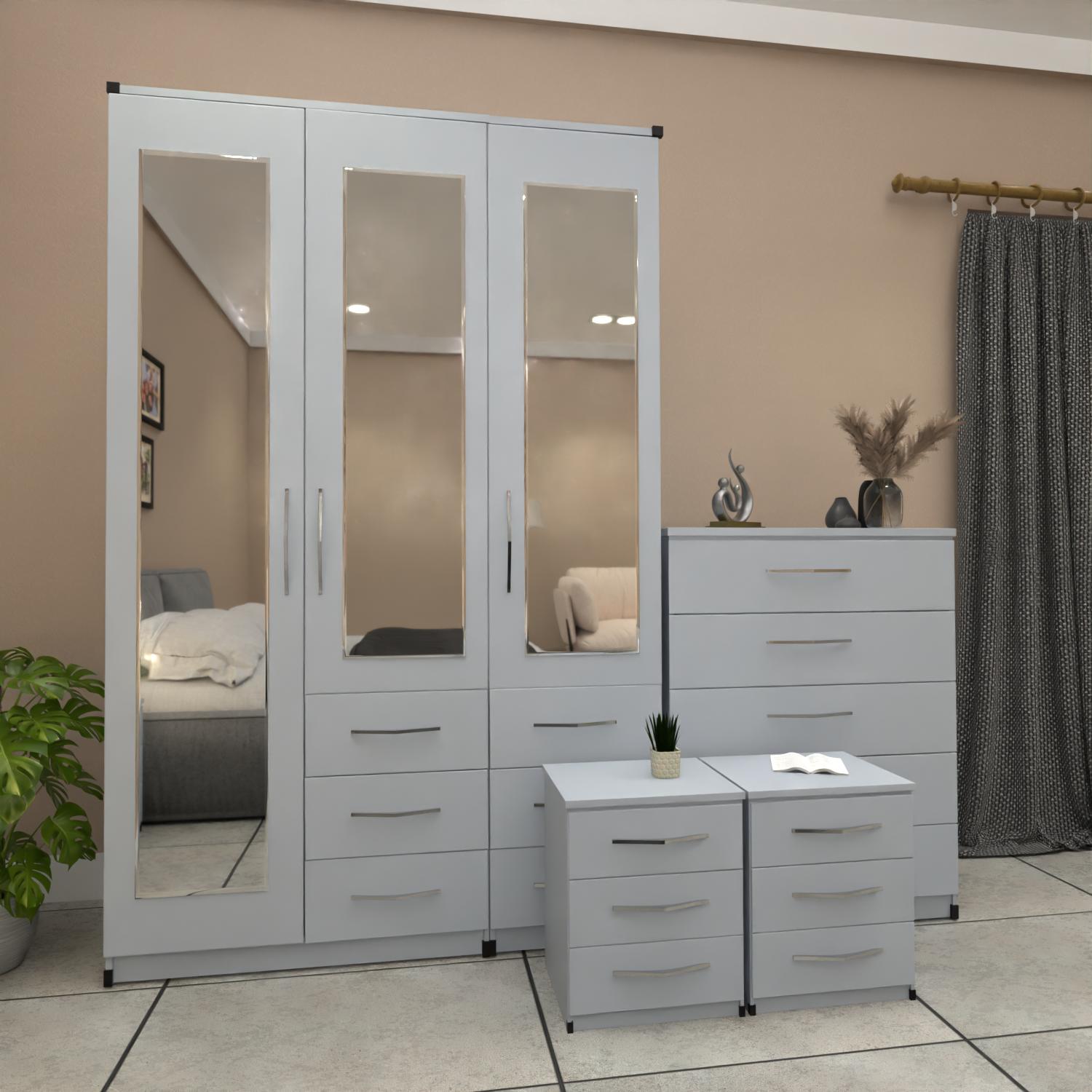 Silver 3 door mirrored combi wardrobe set with bedside tables and chest of drawers – pre assembled bedroom furniture