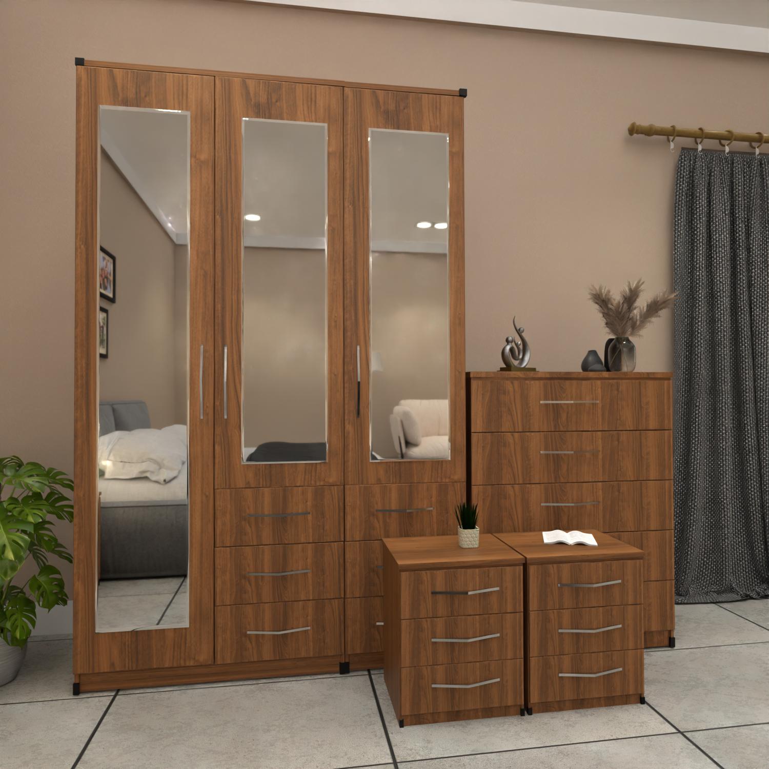 walnut 3 door mirrored combi wardrobe set with bedside tables and chest of drawers – pre assembled bedroom furniture