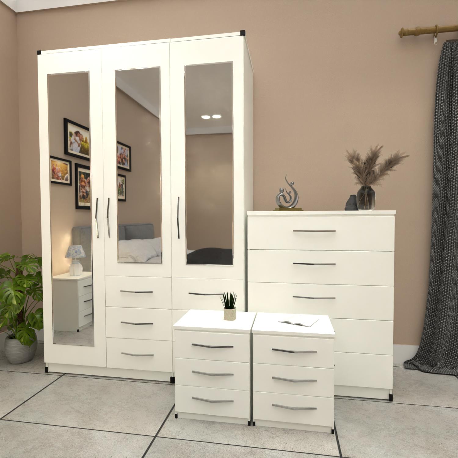 White 3 door mirrored combi wardrobe set with bedside tables and chest of drawers – pre assembled bedroom furniture