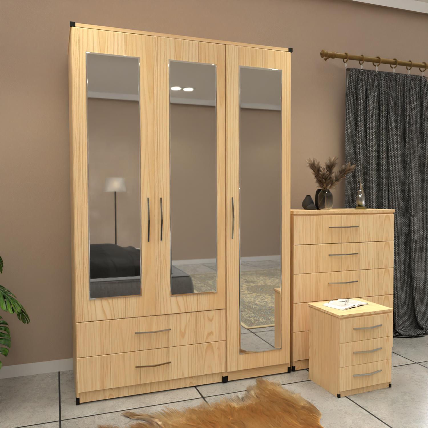 Oak 3 door mirrored wardrobe with 2 drawers and matching bedroom furniture set