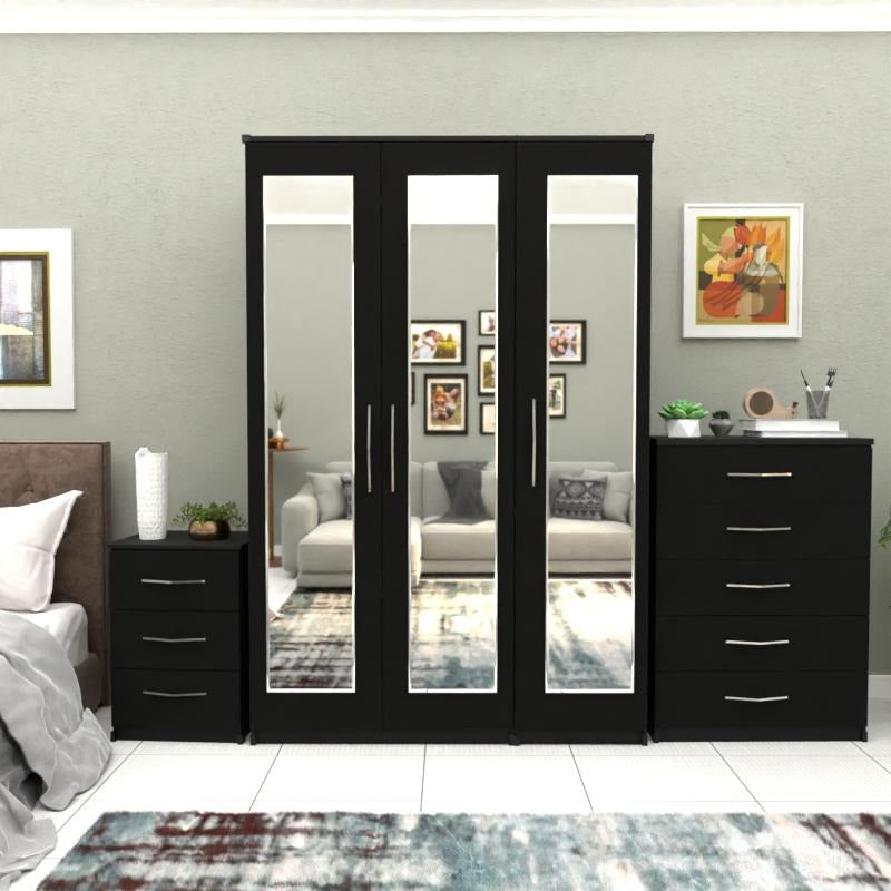 Black 3 door mirrored wardrobe bedroom set with chest and bedside table