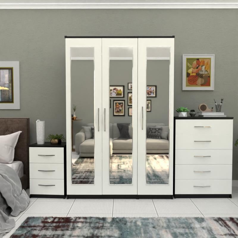 Black & White 3 door mirrored wardrobe bedroom set with chest and bedside table